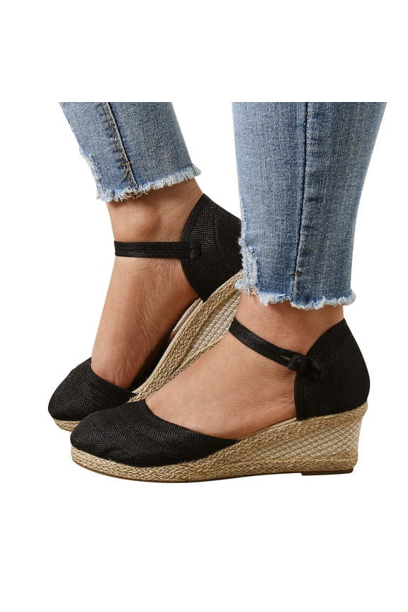 Womens Closed Toe Espadrille Wedge Sandals Soft Ankle Strap Platform Slides Arch Support Slip on Casual Work Shoes Black 8