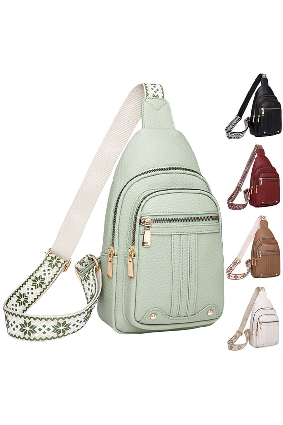 Womens Earphone Hole Crossbody Sling Backpack Embroidery Strap Chest Bag Waterproof Leather Hiking Zipper Shoulder Bag Black