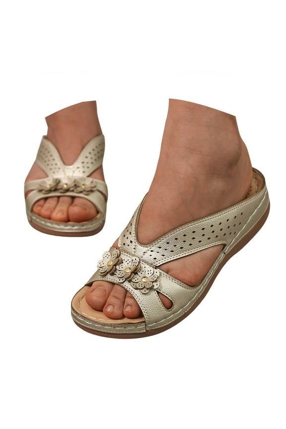 Womens Orthopedic Low Wedge Sandals Dressy Platform Sandal with Flower Open Toe Comfortable Casual Slip on Summer Shoes Gold 7