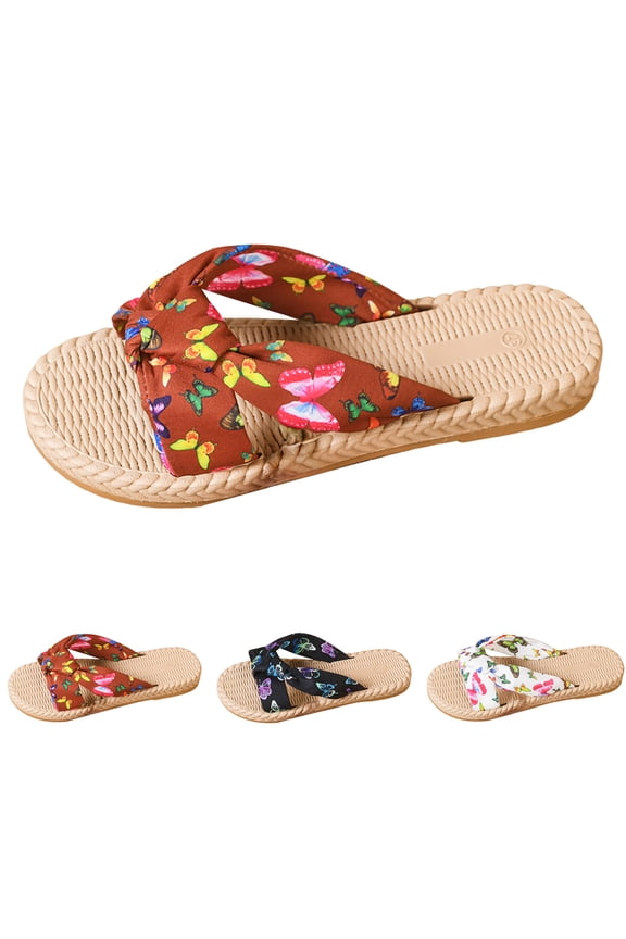 Womens Flat Sandals Butterfly Print Comfortable Beach Slides Casual Wide Width Walking Slippers Shoes for Vacation size 6.5 Red