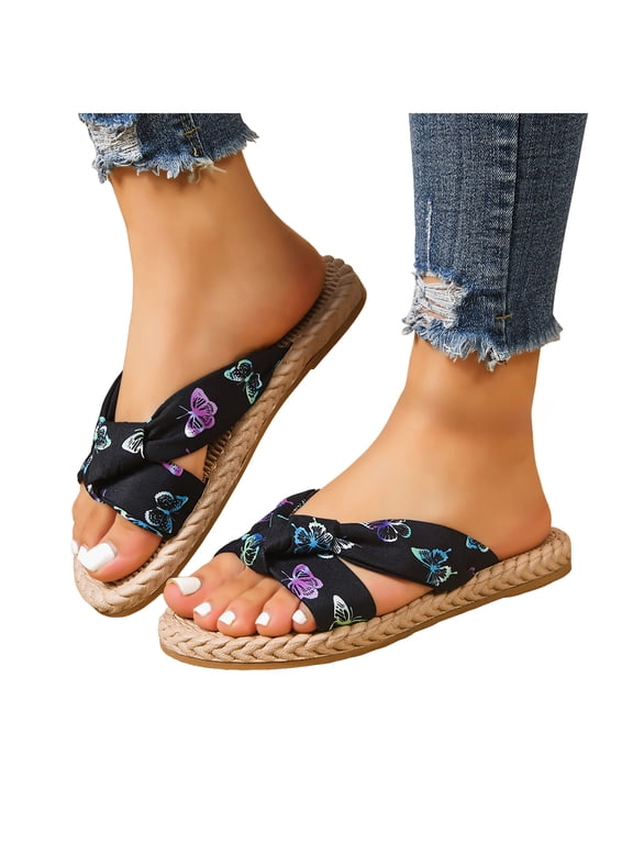 Womens Flat Sandals Butterfly Print Comfortable Beach Slides Casual Wide Width Walking Slippers Shoes for Vacation size 7 Black