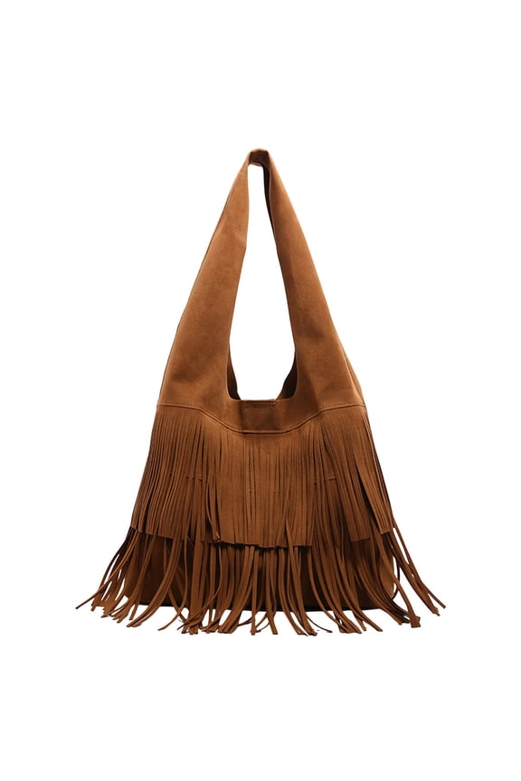 Womens Fringed Suede Shoulder Bag 2025 Vintage Tassel Purse Fashion Fall Winter Soft Large Capacity Handbag for Ladies Shopping Brown