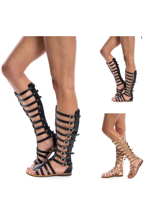 Womens Gladiators Sandals Hollow Out Knee High Summer Dress Boots Zipper Up Rivets Studded Outdoor Flat Shoes Black 7.5