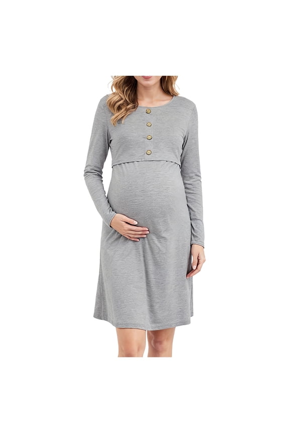 Womens Maternity Dress Long Sleeve Crew Neck Pregnancy Clothes with Button Spring Fall Cotton Midi Dresses Grey S