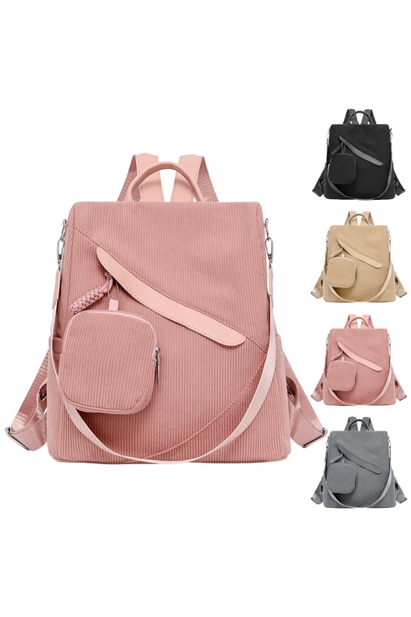 Womens Medium Backpack Purses Fashion Travel Schoolbag with Mini Pouch College Soft Corduroy Storage Daypack Black