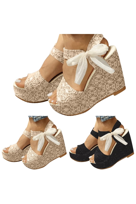 Womens Open Toe Espadrilles Wedges Cute Bow Platform Dressy Slide Sandals High Heel Ankle Strap Slip on Walking Shoes Beige 8