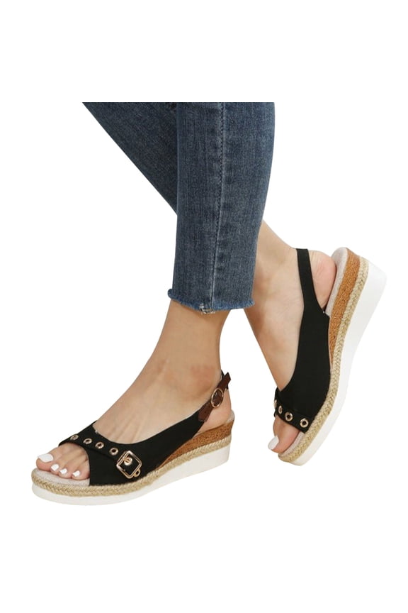 Womens Open Toe Espadrilles Wedges Shoes Platform Slingback Mid Low Heel Sandals Canvas Bow Outdoor Dressy Slides Black 7.5