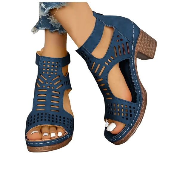 Modstep Womens Open Toe Sandals Summer Hollow Out Dress Booties Zipper Chunky High Heel Summer Walking Shoes with Arch Support Blue size 9