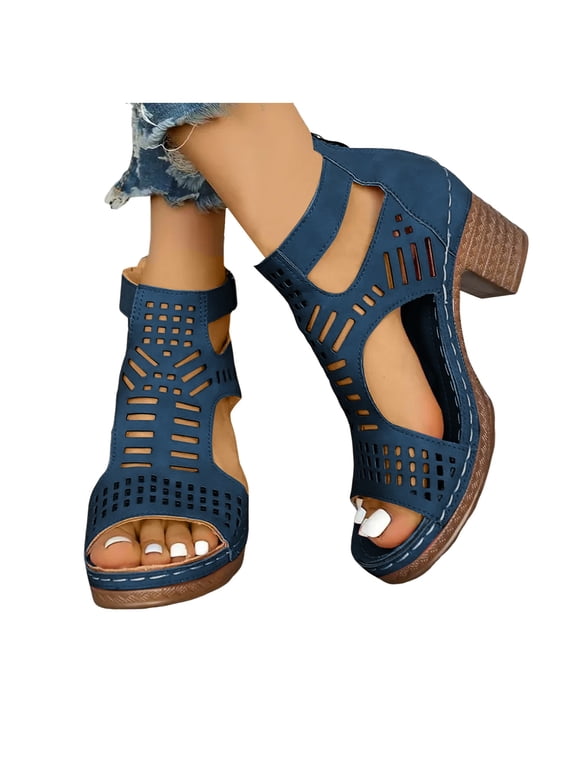 Womens Open Toe Sandals Summer Hollow Out Dress Booties Zipper Chunky High Heel Summer Walking Shoes with Arch Support Blue size 9
