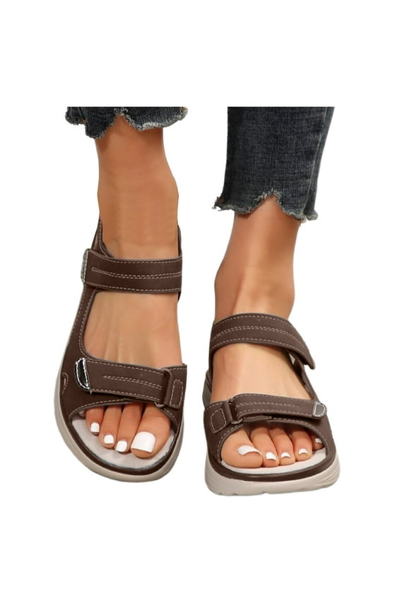 Womens Orthopedic Walking Sandals Memory Foam Open Toe Sports Beach Slides Plantar Fasciitis Shoes with Hook and Loops Brown 8.5