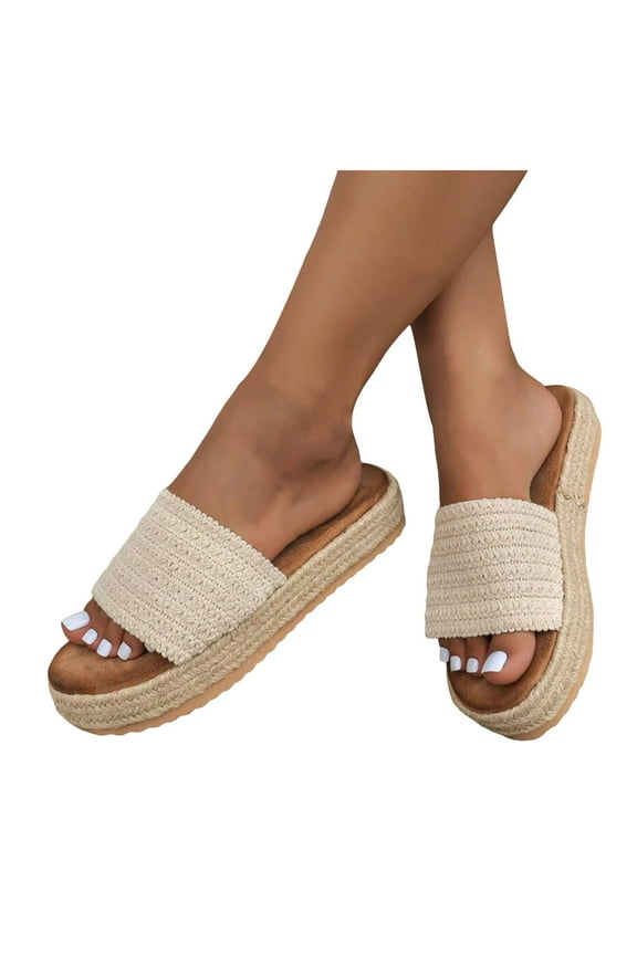 Womens Platform Sandals Raffia Woven Espadrilles Slip on Open Toe Cute Beach Slides Ladies Summer Vacation Sandal Beige 7