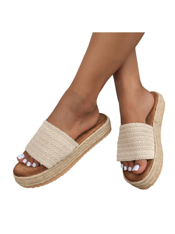 Womens Platform Sandals Raffia Woven Espadrilles Slip on Open Toe Cute Beach Slides Ladies Summer Vacation Sandal Beige 8.5