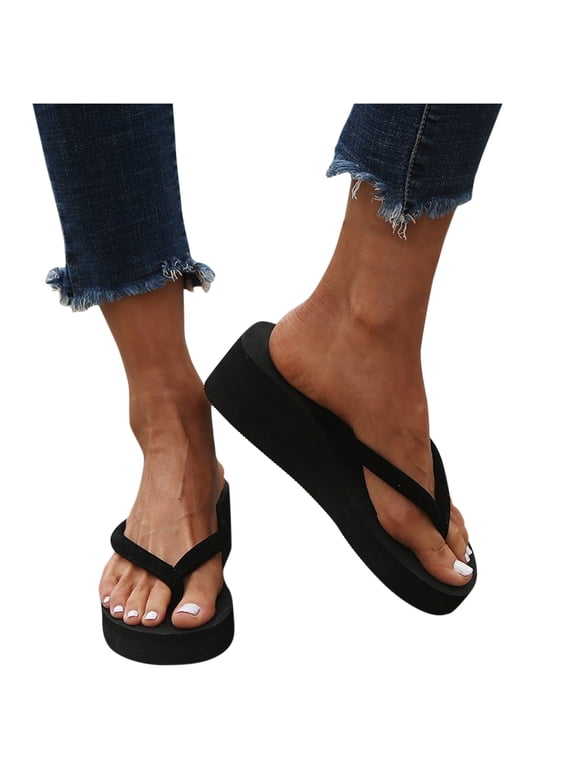 Womens Platform Wedge Flip Flops Trendy Dressy Summer Outdoor Slide Sandals Comfortable Indoor Walking Slippers Shoes Black 7