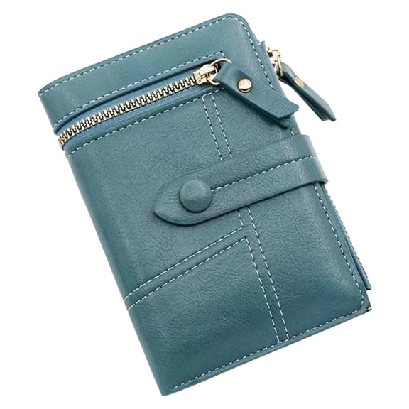 Modstep Womens Short Wallet Foldable Zipper Credit Card Holder Button RFID Blocking Leather Purse for Students with ID Window Blue
