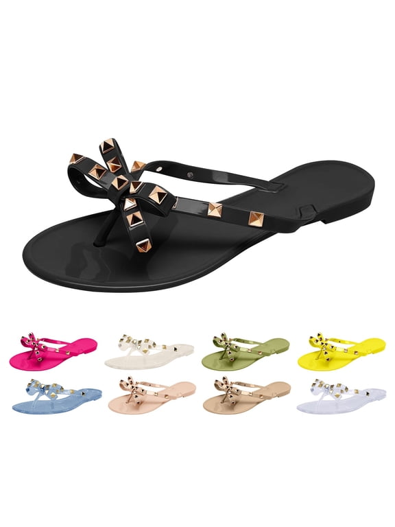 Womens Studded Sandals Bow Flip Flops Summer Beach Thong Slides Dressy Slip on Flat Shoes 2026 Outdoor Walking Slippers Black 8.5