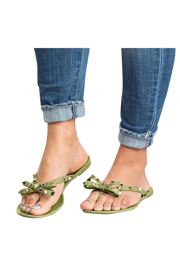 Womens Studded Sandals Bow Flip Flops Summer Beach Thong Slides Dressy Slip on Flat Shoes 2026 Outdoor Walking Slippers Green 8