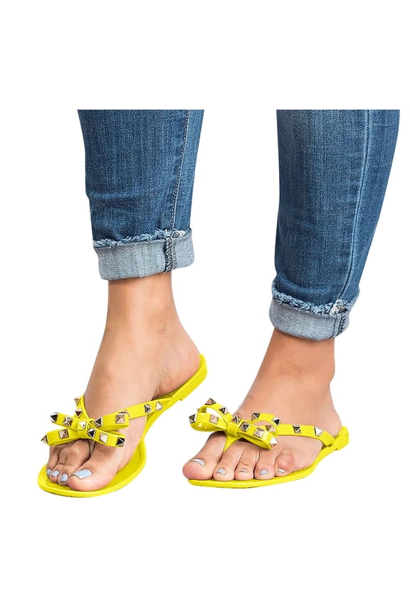 Womens Studded Sandals Bow Flip Flops Summer Beach Thong Slides Dressy Slip on Flat Shoes 2026 Outdoor Walking Slippers Yellow 6.5