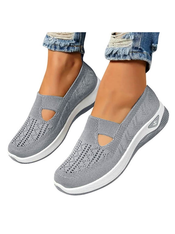 Womens Walking Falt Shoes Breathable Knitted Upper Sneakers with Arch Support Outdoor Casual Workout Running Shoe Size 7.5 Grey