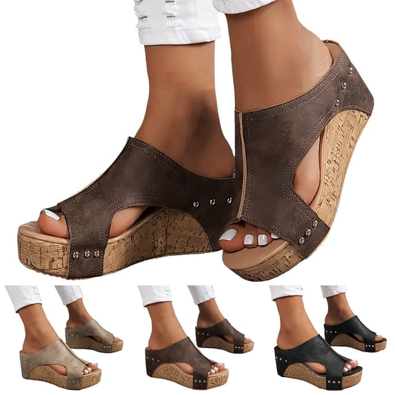 Modstep Womens Wedge Platform Slide on Sandals Open Toe Cork Suede Dress Summer Slippers Wide Width Outdoors Walking Shoes Black 6.5