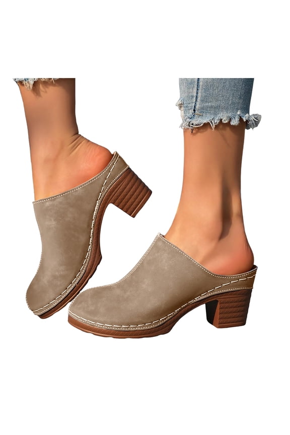 Womens Womens Chunky Heel Mules Closed Round Toe Heeled Slip on Clogs Casual Backless Comfortable Walking Shoes size 9 Brown