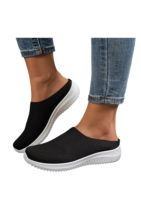 Womens and Mens Breathable Walking Mules Open Back Mesh Sneakers Comfortable Slip on Knit Flat Shoes for Spring Summer size 8.5 Black