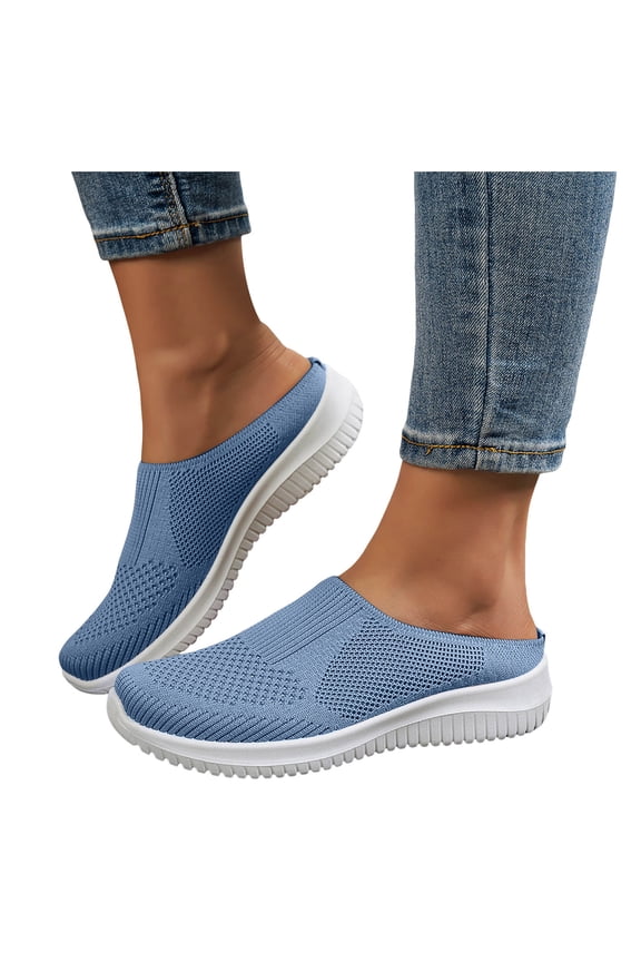Womens and Mens Breathable Walking Mules Open Back Mesh Sneakers Comfortable Slip on Knit Flat Shoes for Spring Summer size 9 Blue