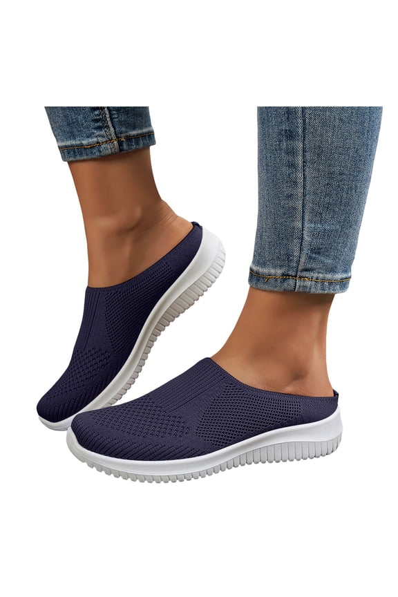 Womens and Mens Breathable Walking Mules Open Back Mesh Sneakers Comfortable Slip on Knit Flat Shoes for Spring Summer size 9 Blue