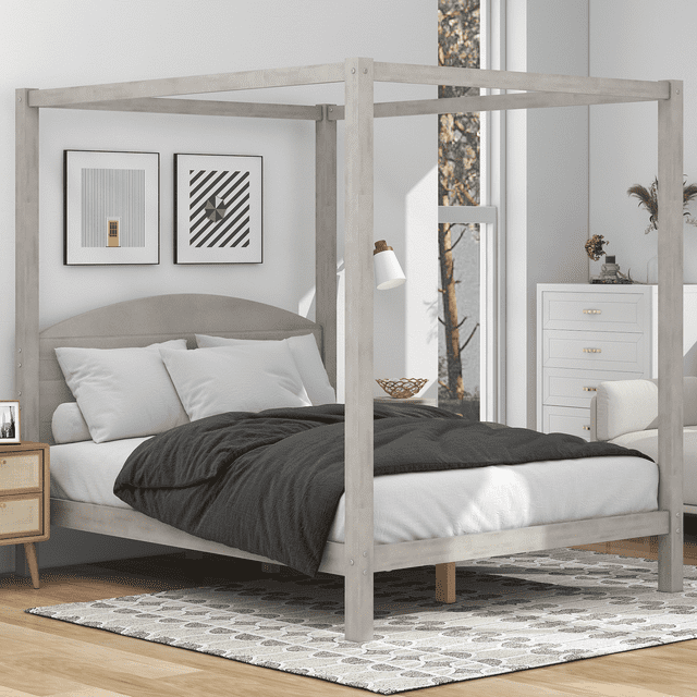 Modstyle Canopy Bed Frame, Queen Size Canopy Bed with Headboard for