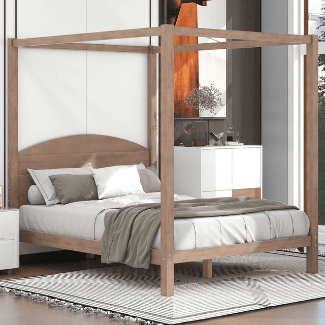 Modstyle Queen Size Wooden Canopy Bed Frame with Headboard, Adult Platform Storage for Bedroom