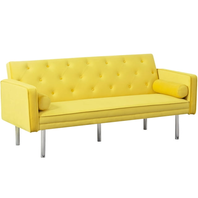 Modstyle Futon Sofa Bed, Velvet Convertible Sleeper Sofa with Pillows, Yellow