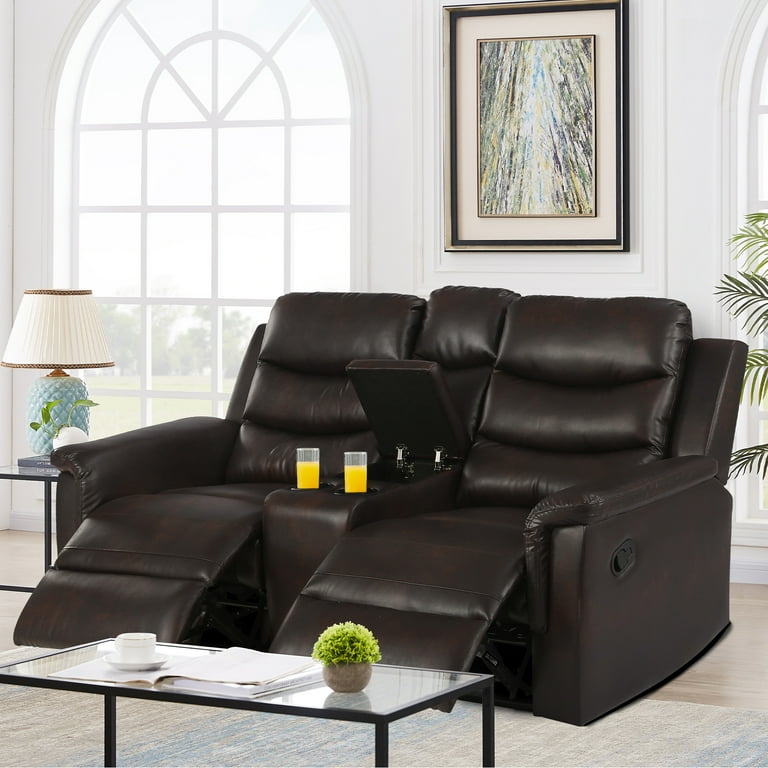 Modstyle Reclining Sofa Couch with Console Cup Holders PU Leather Brown