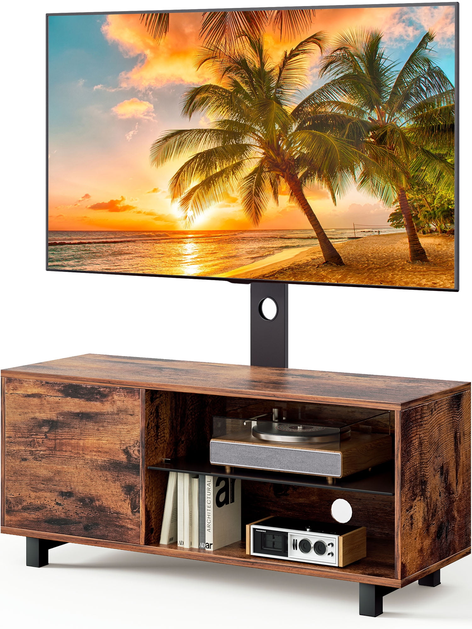 Rustic Brown Particle Board TV Stand with Mount and Storage Cabinet