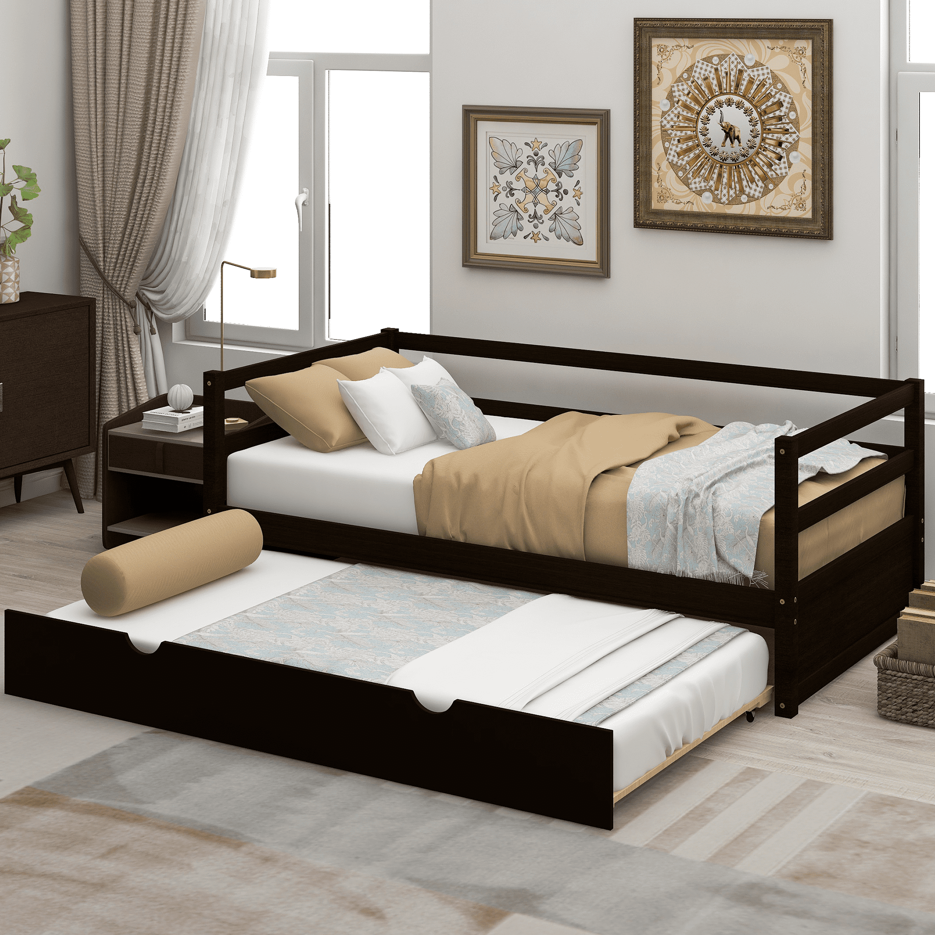 Modstyle Twin Size Day Bed with Trundle, Wood Day Bed Frame for Bedroom