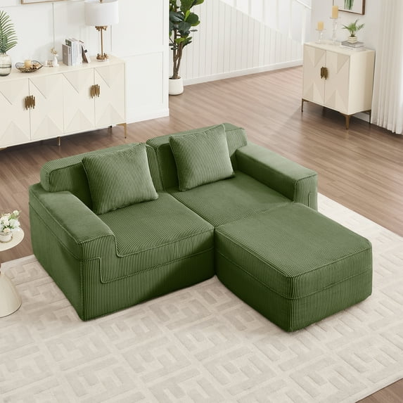 Modular 2 Seat L Shape Sectional Boneless Sofa, Cloud Sectional Couch with Deep Seat, Modern Modular 2-Seat Sofa Couch with Throw Pillows and 1 Movable Ottoman, Corduroy Fabric Green
