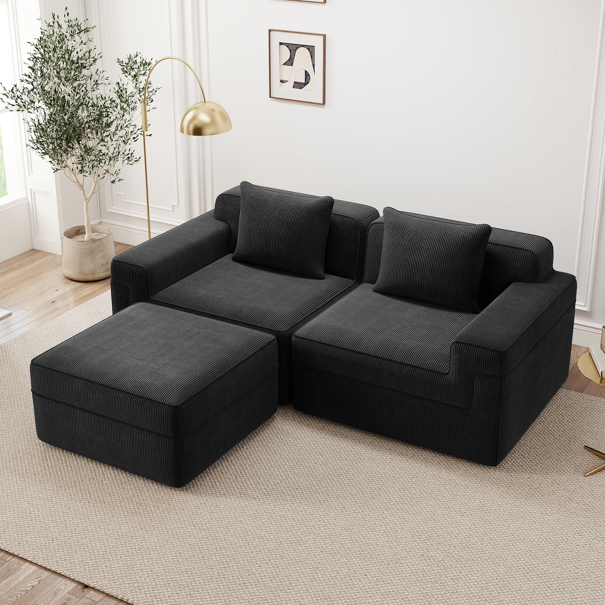Modular 2 Seat L Shape Sectional Boneless Sofa, Cloud Sectional Couch with Deep Seat, Modern Modular 2-Seat Sofa Couch with Throw Pillows and 1 Movable Ottoman, Corduroy Fabric Black
