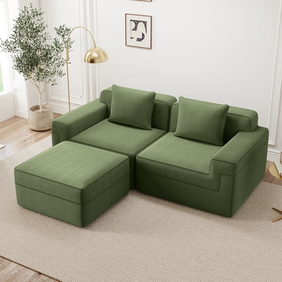 Modular 2 Seat L Shape Sectional Boneless Sofa, Cloud Sectional Couch with Deep Seat, Modern Modular 2-Seat Sofa Couch with Throw Pillows and 1 Movable Ottoman, Corduroy Fabric Green