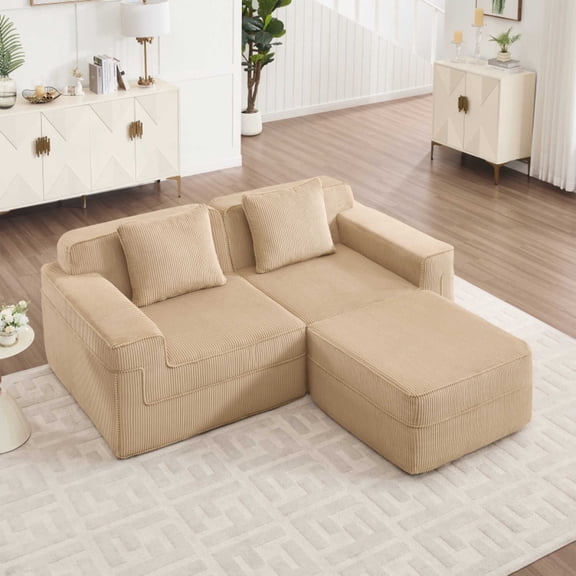 Cloud Sectional Sofa Couch | Modular 2-Seat L-Shape Boneless Design | Plush Camel Corduroy Fabric | Deep Seat Comfort with Ottoman & Pillows | Living Room Furniture