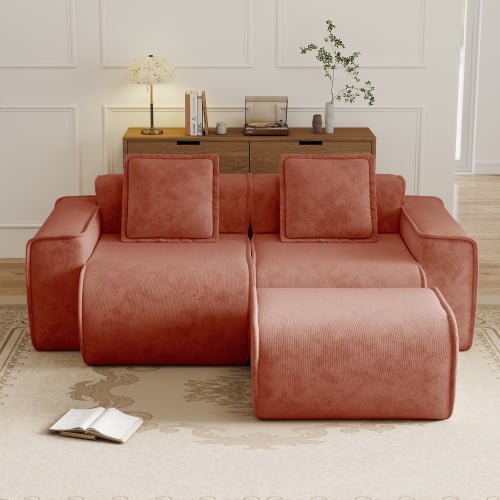 Modular 2-Seat L-Shape Sectional Boneless Sofa with Movable Ottoman, Velvet Fabric Couch with French Edge Piping for Living Room, Red