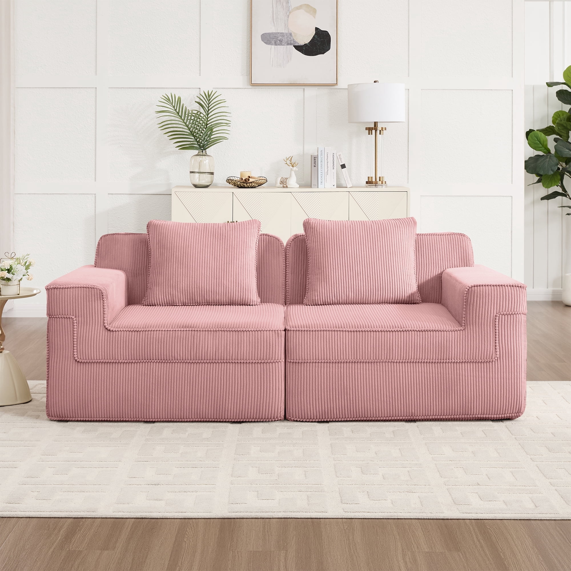 Modular 2 Seat Loveseat Boneless Sofa, Cloud Sectional Couch with Deep Seat, Modern Modular 2-Seat Sofa Couch with Throw Pillows Corduroy Fabric Pink