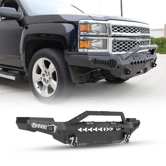 Modular 3 IN 1 Design Steel Front Bumper + Side Wing + Bull Bar Fit for 2014-2015 Chevy Silverado 1500 w/2*Shackles & 2*4" LED Pod Lights