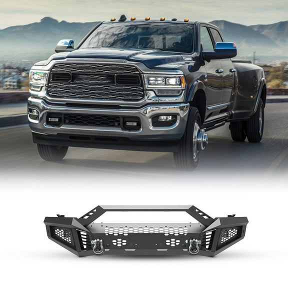Modular 3 IN 1 Front Bumper + Side Wings+ Bull Bar For 2019-2024 Ram 2500 3500 Includes a set of 4" pod lights and D-Rings,w/Mounting Hole for Parking Sensors,w/Winch Cable Guide Hole