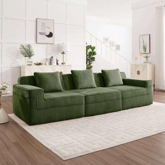 Modular 3 Seat Boneless Sofa, Cloud Sectional Couch with Deep Seat, Modern Modular 3-Seat Sofa Couch with Throw Pillows Corduroy Fabric Green