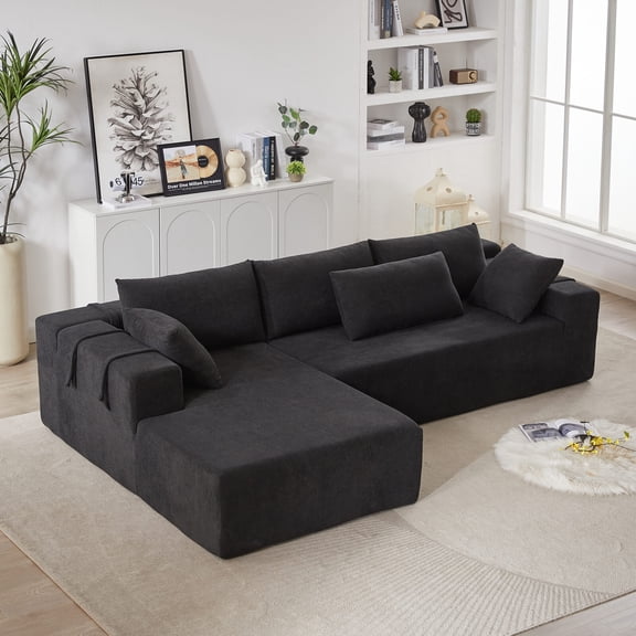 108" Modular Sectional Sofa with Strap Design, L-Shape Cloud Couch with 6 Pillows, Upholstered Free Combination Sofa for Living Room, Bedroom, Black
