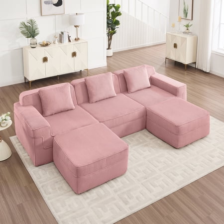 Modular 3 Seat U Shape Sectional Boneless Sofa, Cloud Sectional Couch with Deep Seat, Modern Modular 3-Seat Sofa Couch with Throw Pillows and 2 Movable Ottomans, Corduroy Fabric Pink