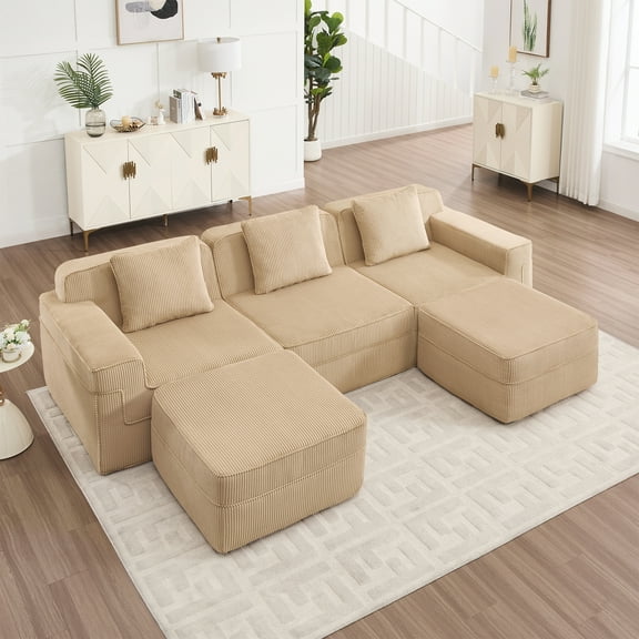 Modular 3 Seat U Shape Sectional Boneless Sofa, Cloud Sectional Couch with Deep Seat, Modern Modular 3-Seat Sofa Couch with Throw Pillows and 2 Movable Ottomans