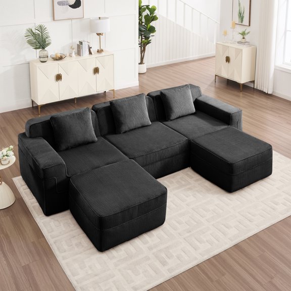 Modular 3 Seat U Shape Sectional Sofa Couch with Deep Seat and 2 Movable Ottomans, Cloud-Like Boneless Design with Throw Pillows in Soft Corduroy Fabric Black