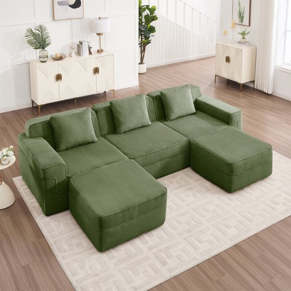 Modular 3 Seat U Shape Sectional Sofa Couch with Deep Seat and 2 Movable Ottomans, Cloud-Like Boneless Design in Soft Corduroy Fabric Green