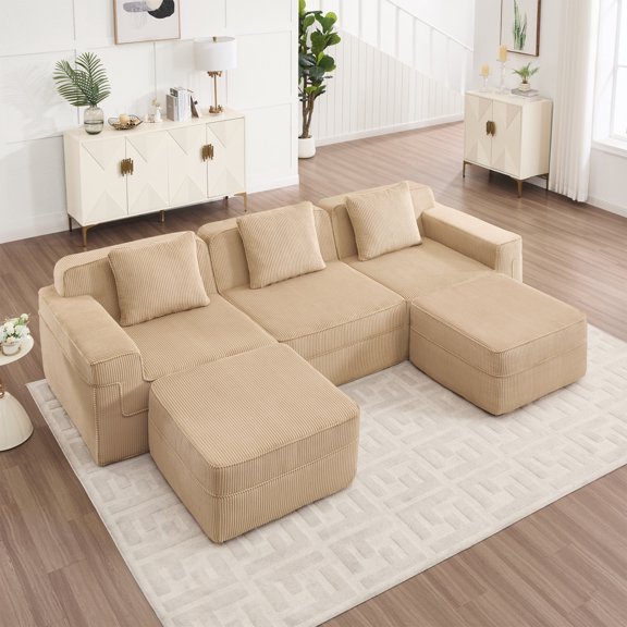 Modular 3 Seat U Shape Sectional Sofa Couch with Deep Seating and 2 Movable Ottomans, Corduroy Fabric Cloud Lounge for Living Room