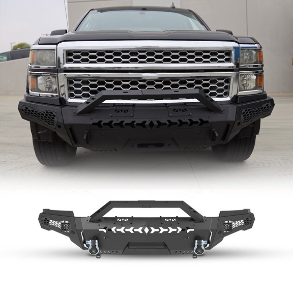 Modular 4 IN 1 Design Steel Front Bumper+Side Wing+Bull Bar+Winch Plate For 2014-2015 Chevy Silverado 1500 w/2*Shackles and 2*4" Pod Lights