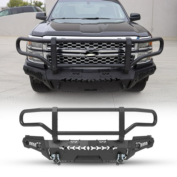 Modular 4 IN 1 Design Steel Front Bumper+Side Wing+Bull Bar+Winch Plate For 2014-2015 Chevy Silverado 1500 w/2*Shackles and 2*4" Pod Lights